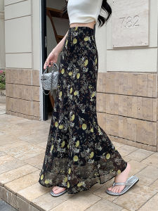 กระโปรงทรงเอเอวสูงผ้าชีฟองลายดอกไม้หวานๆ สำหรับผู้หญิง ฤดูร้อนปี 2025 กระโปรงทรงหางปลากระโปรงสั้นสไตล์เกาหลี