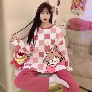 ชุดนอนสองชิ้นของผู้หญิง ชุดนอนคลุมท้องแขนยาวไซส์ใหญ่ชุดใส่อยู่บ้านทรงหลวม