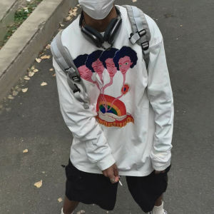 American Style Heavyweight 260g Pure Cotton Long Sleeve T-Shirt Mens Print 2025 New White Loose Full Cotton Base Shirt INS