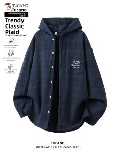 TUCANO | Woodpecker Embroidery Checkered Loose Hooded Shirt
