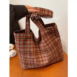 Tartan Woolen Tote Bag Womens Casual Large Capacity Autumn 2024 New Fashion Preppy Style Shopping Bag Soft Square Shape