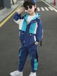 Boys Sporty Casual Two-Piece Set Polyester Fiber School Gift Suitable Ages 5-14 Seasons Spring Autumn Zipper Closure