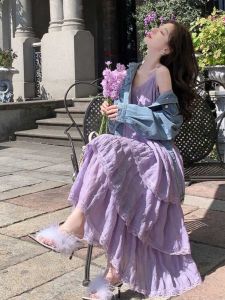 Sweet Summer Lace Strap Dress Womens Beach Vacation Sleeveless Long Beach Dress High Waist A-Line Gown Korean Style Commute