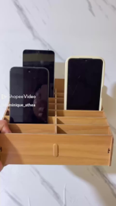 Multi-grid Wooden Mobile Phone Storage Box Desktop Organizer for Office Classroom