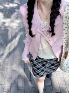 Chic Short ผู้หญิง เสื้อสเวตเตอร์ มีสไตล์ สไตล์เกาหลี Wrap เสื้อผ้าถัก พรางหุ่น คาร์ดิเกน ฤดูใบไม้ผลิ ฤดูใบไม้ร่วง Season Essential Casual Wear