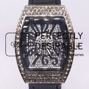 Womens Elegant Franck Style Quartz Leather Strap Dress Watch. Diamond Encrusted Face and Outer Edge.