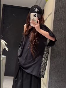 BINKAFENNY | Black Lace Splice Short Sleeve T-Shirt Womens Summer High-End Feelings Mid-Length Sweet And Spicy Girl Shoulder Exposure Top