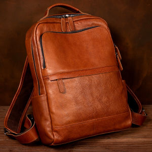 Leather Backpack Casual Double Shoulder Bag Travel Leisure Top Layer Vegetable Tanned Cowhide Men Women Computer Backpack Commuting