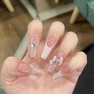 Bộ Móng Tay Giả Nhấn Dán Trung Bình Đến Dài Thiết Kế Hoa Trà Phong Cách Thuần Khiết Ánh Cực Quang Kim Cương Dành Cho Tiệm Nail
