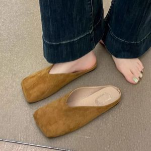 Large Size Slip-On Mules Flat Bottom Square Head Womens Shoes Spring Autumn Outdoor Wear Youth Casual PU Leather Flats