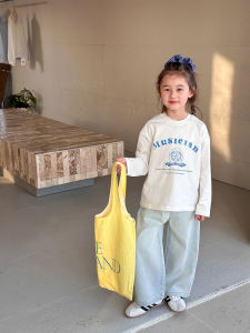 Girls Casual Stylish Long Sleeve round Neck T-Shirt Letter Print Base Shirt Korean Style Cotton Spring Autumn Wear for Kids