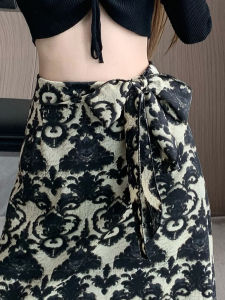 Retro Jacquard Skirt Womens Summer Thin Stylish Bows High Waist A- line Skirt Drape Sheath Straight Skirt