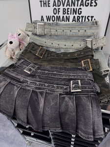 Váy Mini Denim Chữ a Cạp Cao Ôm Sát Mùa Hè Cho Nữ Váy Mini Xếp Ly Phong Cách Đường Phố Retro Heavyweight American Hot Bé Gái