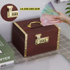 BENNETTGC Vintage Style Treasure Storage Box Money Jar Safe Box Wooden Treasure Chest Box Durable with Combination Lock Money Saving Box