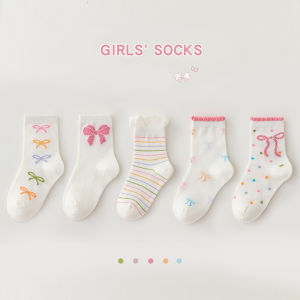 5 Pairs Bow Ties Kids Girls Mid-calf Socks Sweet Selected Combed Cotton Solid Breathable Comfortable Childrens Socks for Girls