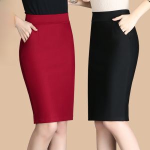 High Waist Elastic Business Mid-Length Skirt with Slit Autumn Winter New Style Womens Fashion Pencil Skirt Office Commute