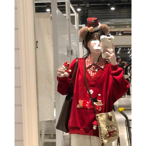 American Style Christmas Dog Fake Two-Piece Sweatshirt Womens Autumn Winter Thickened Fleece High-End Super Beautiful Top