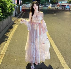 Summer Fairy Tale Pink Floral Lace Splice Halter Dress Girls Dress French Super Fairy Long Skirt Commute Style Spring Autumn