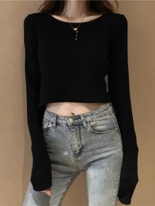 เสื้อยืดแขนยาวผู้หญิง แฟชั่นฤดูใบไม้ร่วง 2025 ใหม่ ทรงสลิมฟิต เสื้อชั้นใน กระโปรงสั้น เอวสูง โชว์หน้าท้อง ถัก