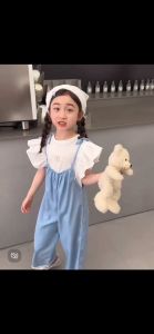 Terbaru Setelan Anak Perempuan T-shirt putih dengan lengan terbang yang manis + Celana Panjang Overall biru Baju Anak Perempuan Kids