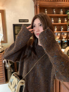 Ayi Womens Loose Knitted Sweater round Neck Mixed Color Dot Flower Yarn Autumn Winter Lazy Style Versatile Top Sequin Knitwear