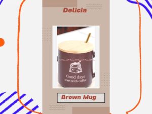 Delicia 350ml Brown Cream White Mug There isi Always Time For Coffee Gelas Cangkir Dengan Tutup Dan Sendok Stainless Steel Kecil
