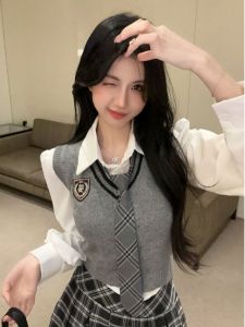 GUZILIAN | American Style Anti-Aging College Wind Set Womens Slim Fit Long Sleeve Shirt Layered Knitted Vest Plaid Mini Skirt Three-Piece Set