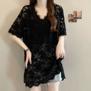 Translucent Lace Blouse Summer European Style Plus Size Versatile V-Neck Midi Sleeve Top