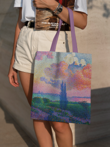 Classic Pink Cloud Zipper Canvas Shoulder Bag Eco-friendly Shopping Bag Artistic Handbag Rectangular Soft Retro Style Shopping Bag