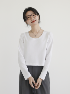 Short Pure Cotton U-Neck Long Sleeve Womens T-Shirt Loose Commute Base Shirt Belly Button Exposure High Waist Top