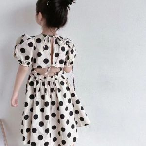Girls Summer Polka Dot Dress Thin Bubble Sleeve Princess Style Childrens Fashionable Outfit Waist Exposure A-Line Skirt