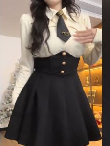 Slimming College Style Womens Suit Red Long Sleeve Shirt Waist Cinched Fishbone Skirt Fashionable Ensemble Polyester Fiber