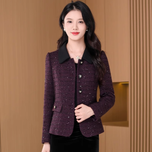 MAIMEI | เสื้อแจ็คเก็ตสั้นผู้หญิงสไตล์ชาน่ารัก ฤดูใบไม้ผลิ 2025 แฟชั่นใหม่ เสื้อเชิ้ตคอกลมแขนยาวทรงสลิมฟิต ผ้าโพลีเอสเตอร์และขนสัตว์