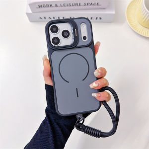 Luxury Lanyard For Magsafe Phone Case For iPhone 17 16 Pro Max Wireless Charging Matte Frosted Cover Flip Lens Stand Back Fundas