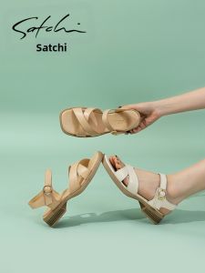 Leather Cross-Strap Sandals for Women Coarse Heels