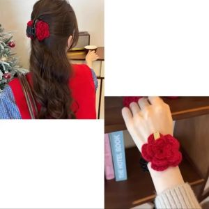 Red Wool Rose Flower Hair Clip Womens New 2024 Back of Head Bun Hair Claw Hair Band Horizontal Clip Fashionable Hair Accessories