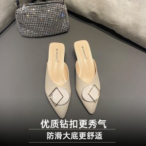Da Dong Ge Womens Mules Soft Bottom Slip-On Shoes Fashionable Outdoor Wear Summer Low Heel Korean Style Pure Color Sandals