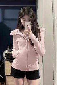 American vintage Gray Slim fit Waist Hugging Hoodie Outerwear Women Spring and Autumn Shoulder Tight Sports Slimming Cardigan Top