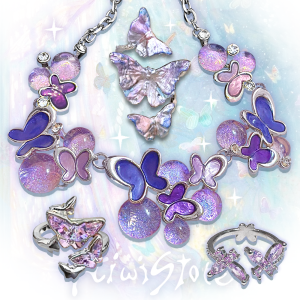 Y2K Purple Jelly Crystal Butterfly Necklace Ring Cute Spicy Subculture Small Audience High End Adorable Dopaamine Trendy Jewelry