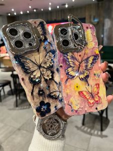 Dreamy Butterfly Full Cover iPhone Case Popular Internet Celebrity Phone Shell Shockproof Anti-Fall with Stand Lens Protection Sparkling Powder