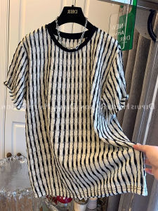 เสื้อยืดคอกลมลายทางพร้อมรูดีไซน์หรูหราสำหรับผู้หญิงไซส์ใหญ่ ทรงหลวม เสื้อเชิ้ตสไตล์เกาหลี แขนยาว ทรงหลวม ปกติ