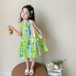 Beach Holiday Summer Dress for Girls Sleeveless Fresh and Charming Oil Painting Print