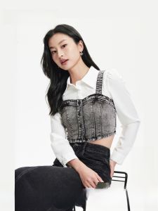 Vero Moda Womens Slim Fit Short Shirt Casual Style Patchwork Design Fashionable Autumn New Arrival Polo Collar Button up