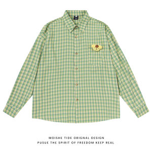 เสื้อเชิ้ตแขนยาวทรงหลวมสไตล์อเมริกันย้อนยุค MOISHE TIDE สำหรับผู้ชายและผู้หญิง ฤดูใบไม้ร่วง ปิดด้วยกระดุม ผ้าฝ้าย ทรงหลวม