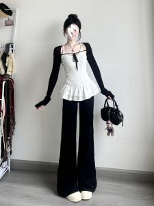 Quần Jeans Ống Loe Ống Rộng Cạp Lửng Màu Đen Cho Nữ Mùa Xuân Thu Quần Dài Đến Sàn Kiểu Dáng Rộng Thoải Mái