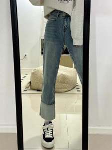 High Waist Straight Leg Denim Jeans Womens Spring Autumn plus Size Flared Edge Slimming Nine Tube Pants Korean Style Casual