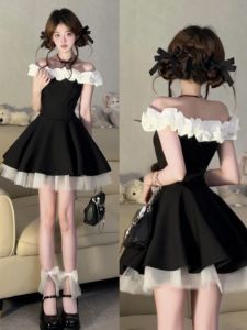 CHANGTONG | French Elegant Off Shoulder Waist Cinched Flared Short Dress for Petite Summer