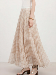Pleated High Waist Slimming Plaid Versatile A-Line Maxi Skirt