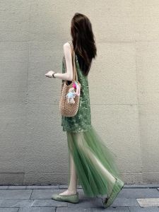 SHANGSHA | Elegant Graceful Lady Dress Green Tulle