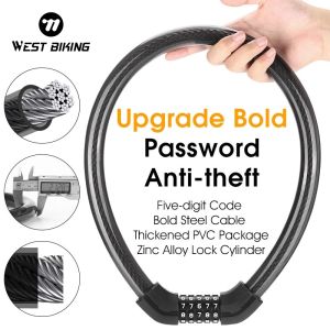 West Biking | WEST BIKING Thicken Zinc Alloy High Toughness Bold Anti-Theft 5-digit Password Cable Lock Cylinder Bicycle Bike Security Lock